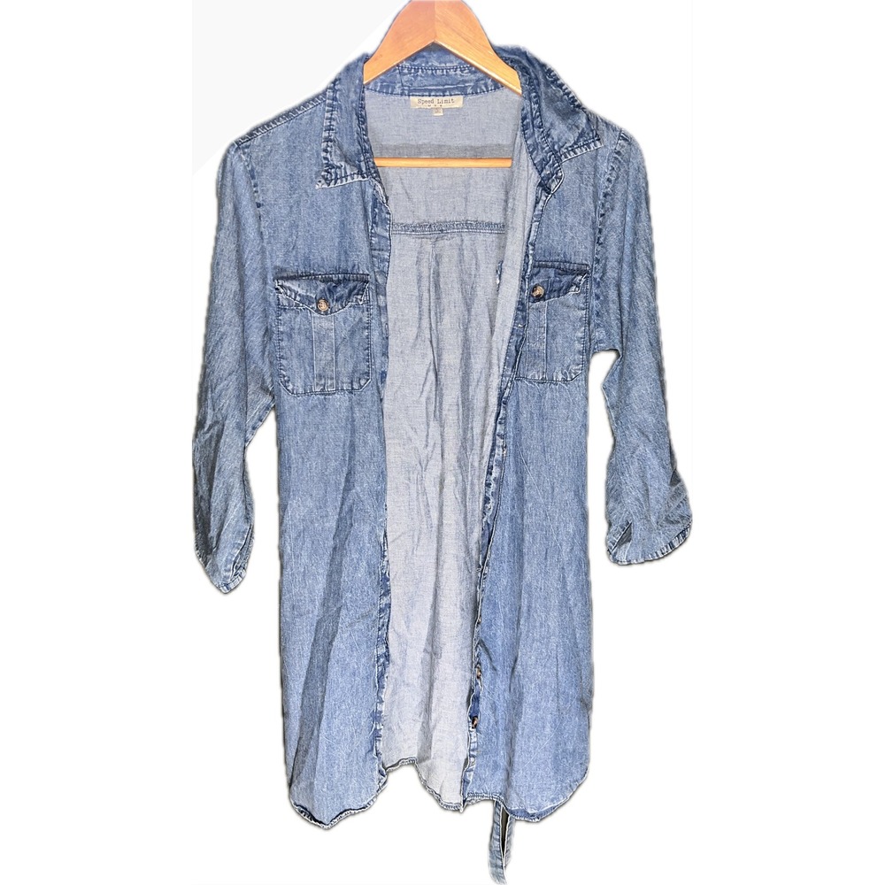 Speed Limit MPH Womens Denim Shirt Dress Light Wash Roll Tab Sleeve Blue Large